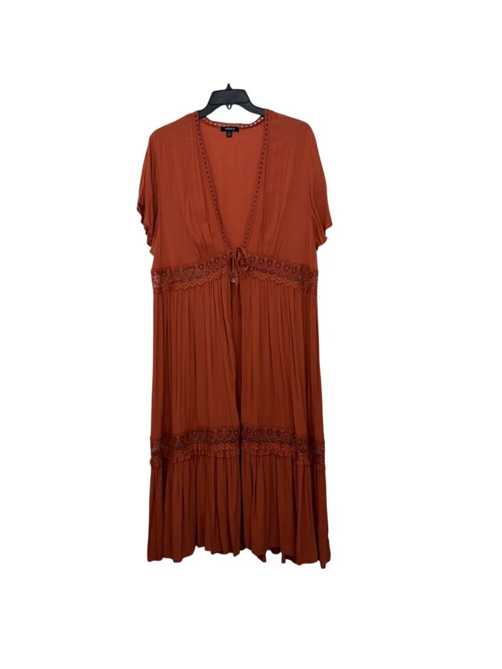 Torrid Rust Orange Crochet Boho Duster Kimono Plus Size 2 Open Front Tie Waist